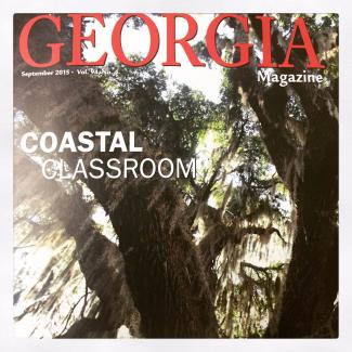 cover of university of georgia magazine with oaks and spanish moss overlaid with the text coastal classroom
