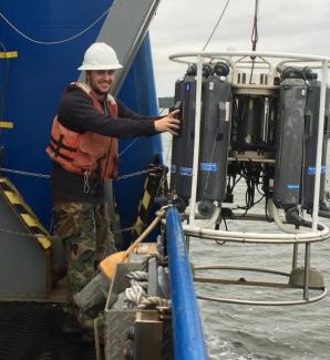 CTD profiles on the GA South Atlantic Bight.  Graduate student Trevor Richards hard at work