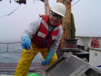 Dr. Tracey Sutton with blue gloves holds a small squid toward the camera. He smiles wearing a white safety helmet and orange safety life vest, with bright yellow pants