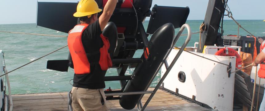 A specialized imaging system for viewing zooplankton is launched from a research vessel.